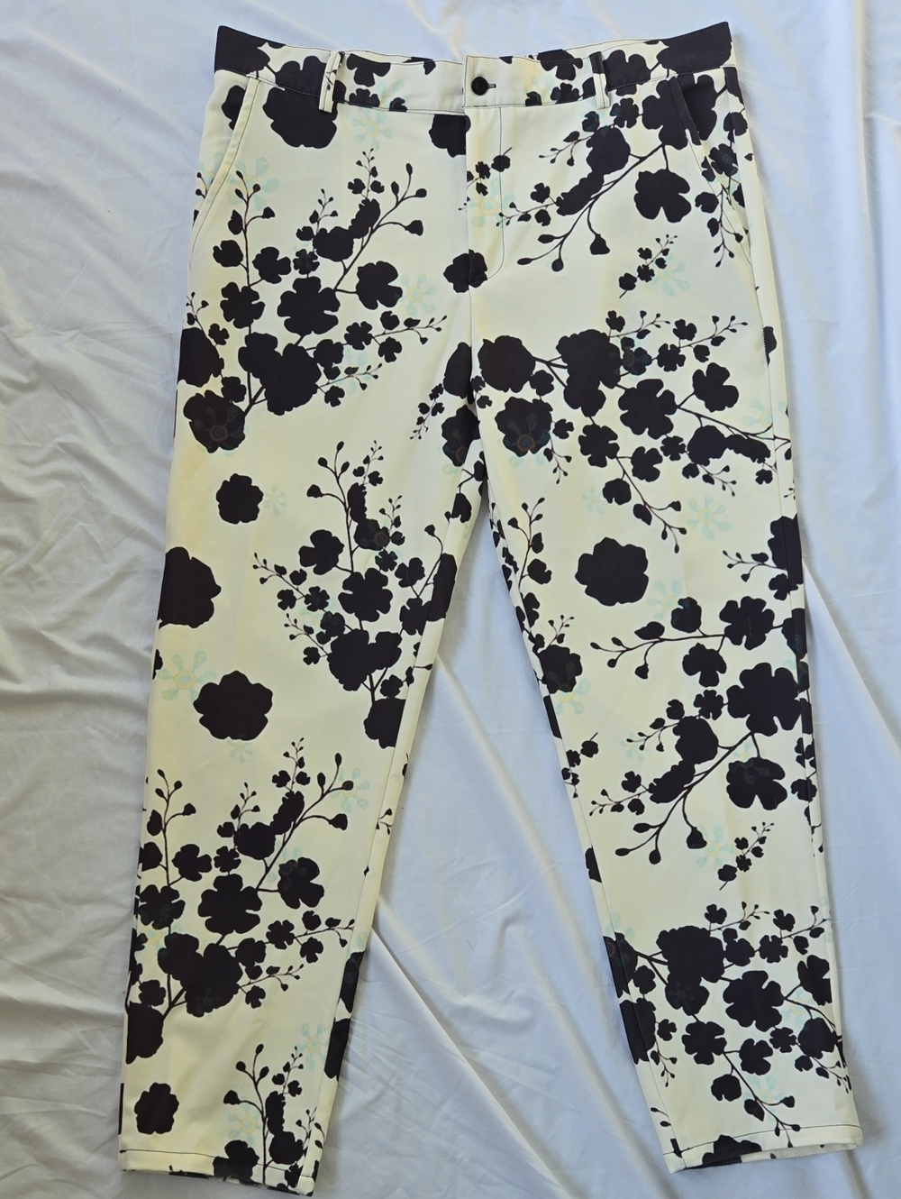 Men's Creme/White Pants Black Foral&Faint Light Blue/Yellow Flowers All Over